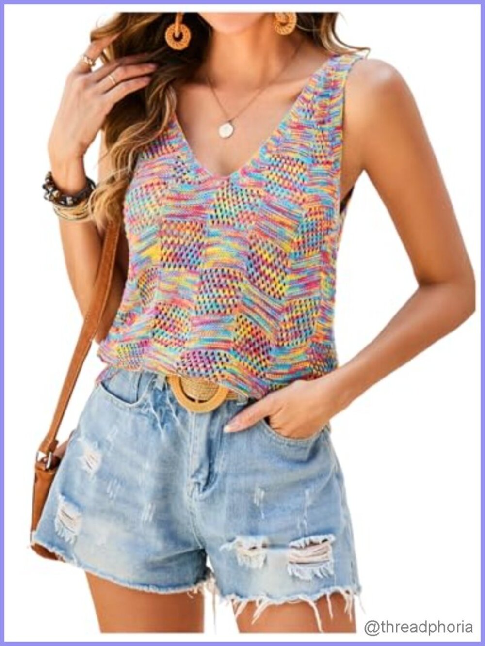 Crochet Knit Tie Dye V Neck Sleeveless Tank Top Summer Festival Going Out